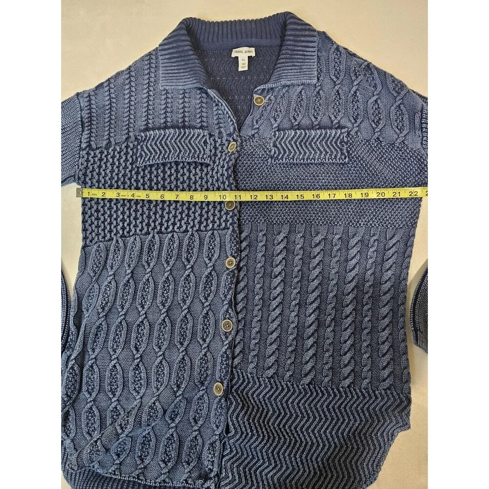 Tribal Jeans Blue 100% Cotton Cable Knit Button Front Cardigan Sweater L